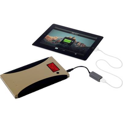 Une tablette est en train d'être chargée par une batterie externe. La tablette affiche un écran de charge, et la batterie externe possède un affichage avec un indicateur rouge.