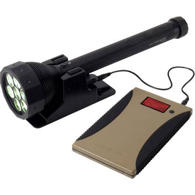 Une lampe de poche noire avec plusieurs lumières LED est connectée à une batterie externe affichant un écran numérique.