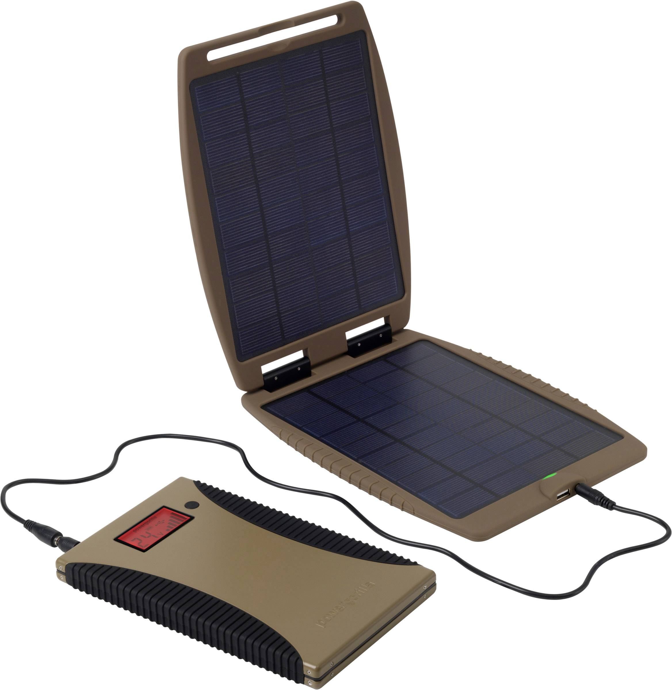Chargeur solaire portable avec deux panneaux et affichage numérique, relié à une batterie externe par un câble ; pour le chargement mobile d'appareils.