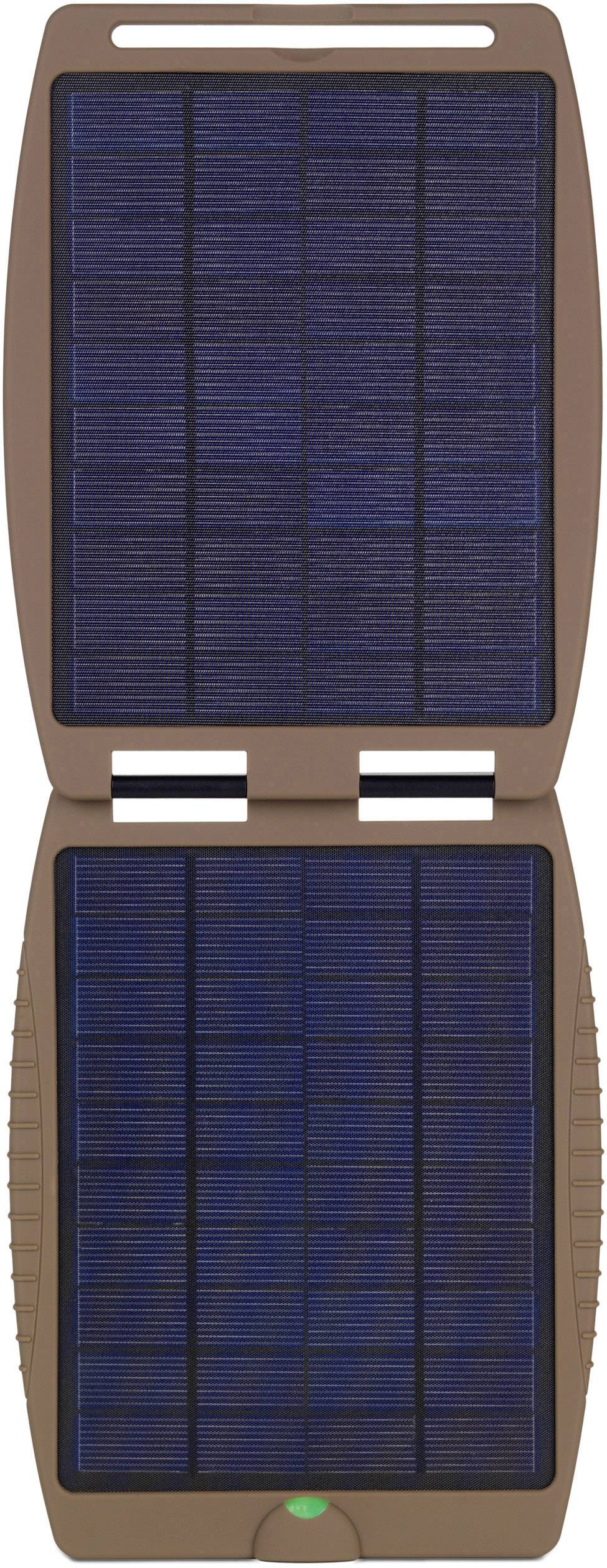 Chargeur solaire portable avec deux panneaux solaires bruns pour recharger des appareils électroniques en extérieur.