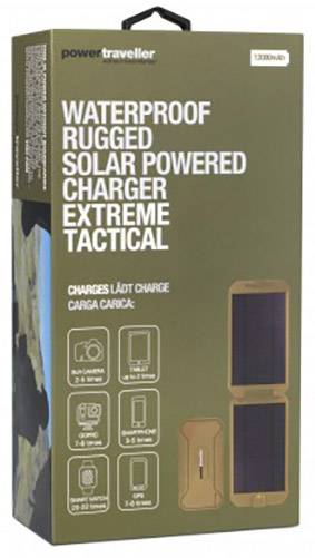 Chargeur solaire 'Powertraveller' : Étanche, robuste, tactique. Capacité de 12 000 mAh, charge smartphones et tablettes.