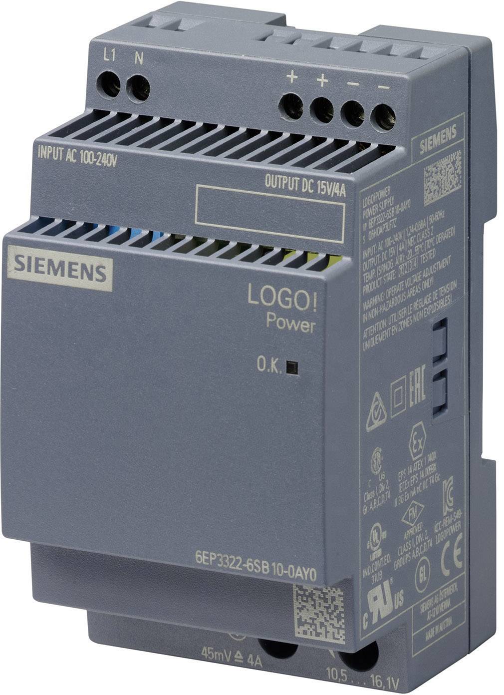 Un module d'alimentation LOGO! gris de Siemens pour montage sur rail DIN, avec bornes d'entrée et de sortie pour applications industrielles.