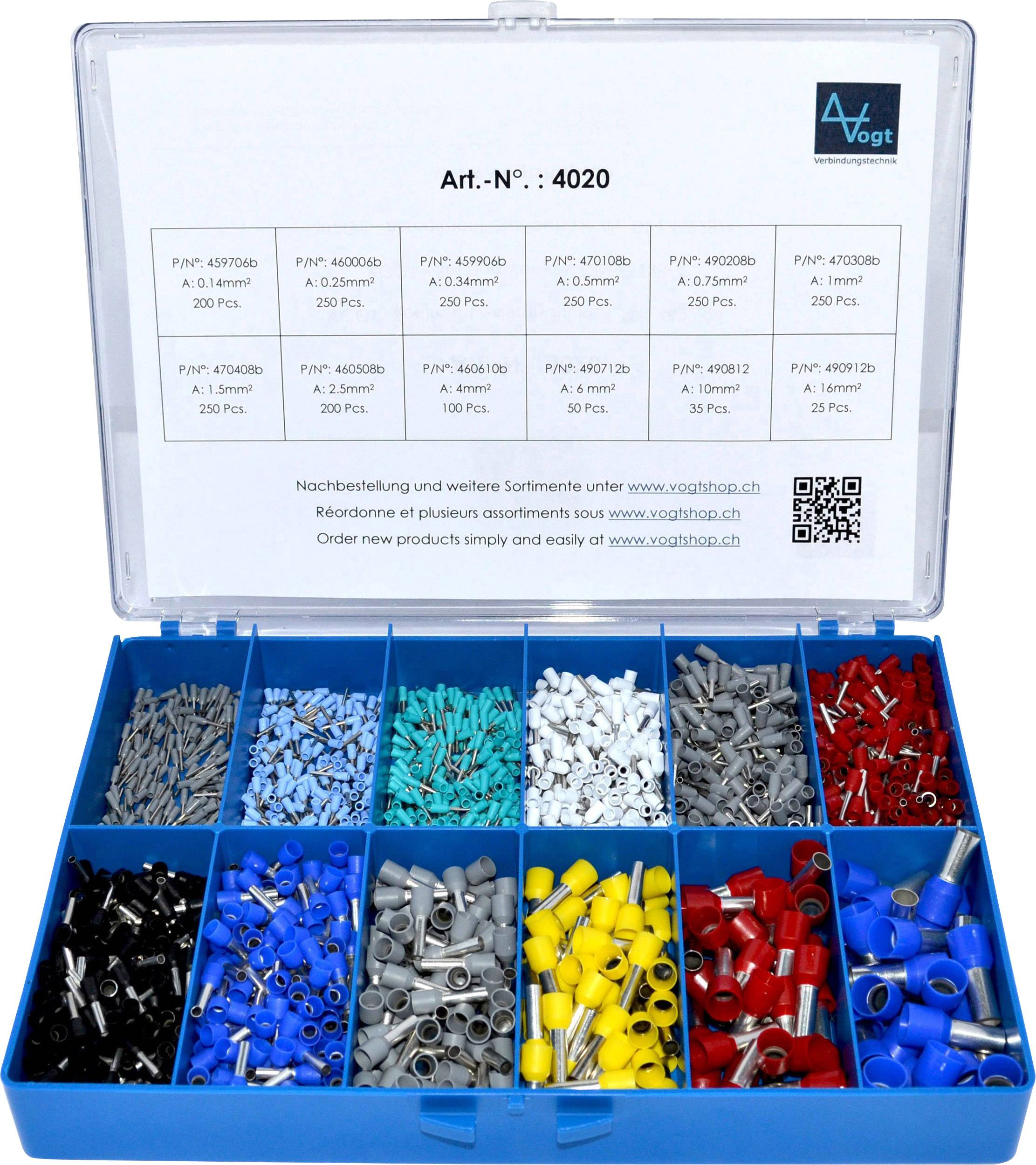 Boîte de rangement à 20 compartiments, remplie de cosses de câble isolées de différentes couleurs et tailles.