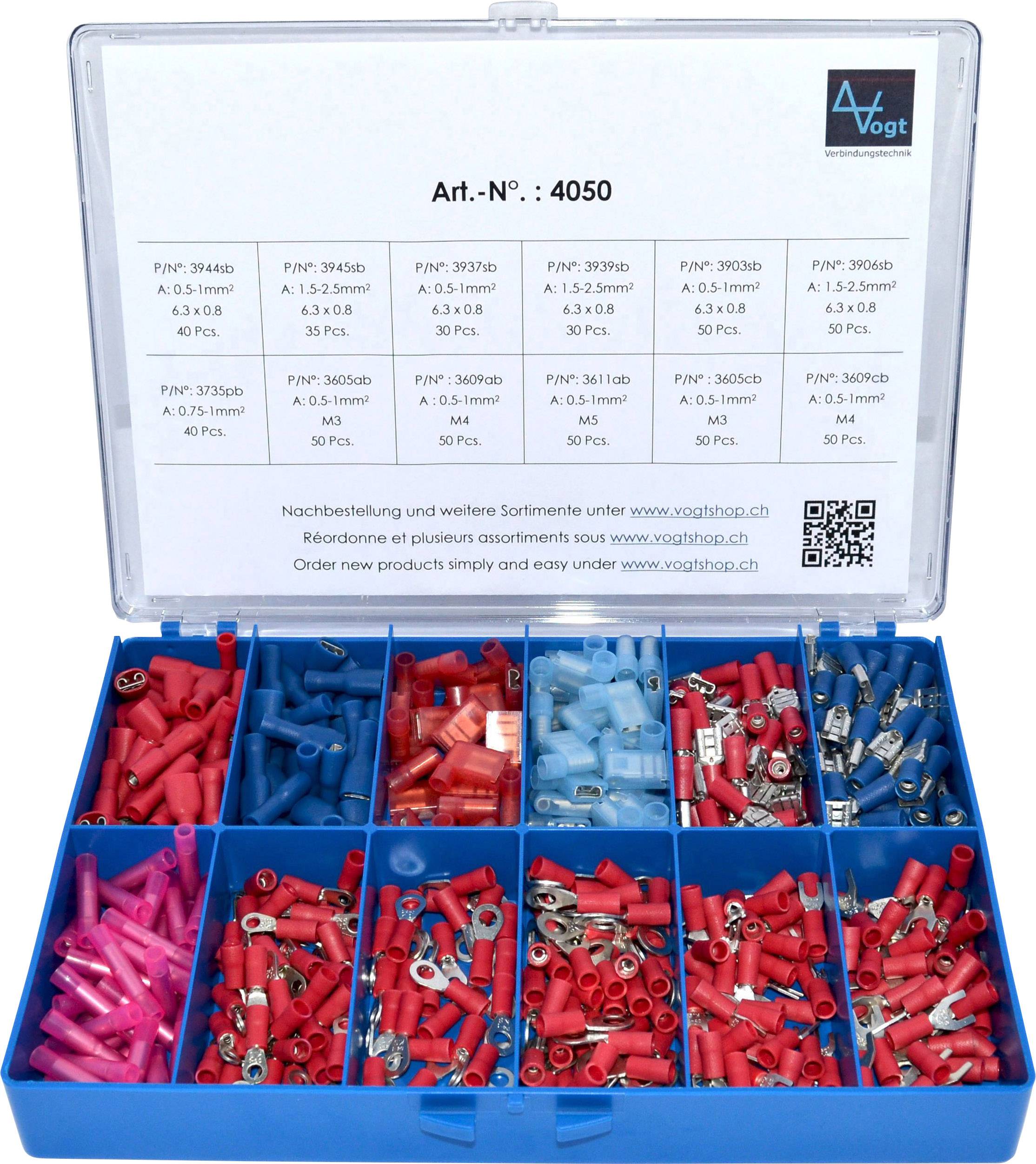 Une boîte de rangement bleue contenant divers cosses de câble en rouge, bleu et argent. Étiquetée 'Réf. : 4050'.