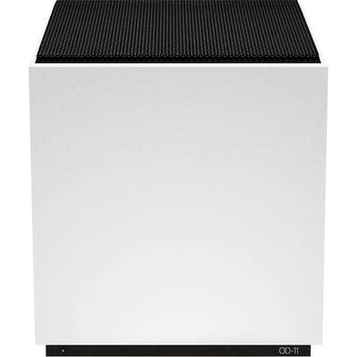Haut-parleur carré blanc avec une grille noire en haut, design minimaliste, adapté à un intérieur moderne.