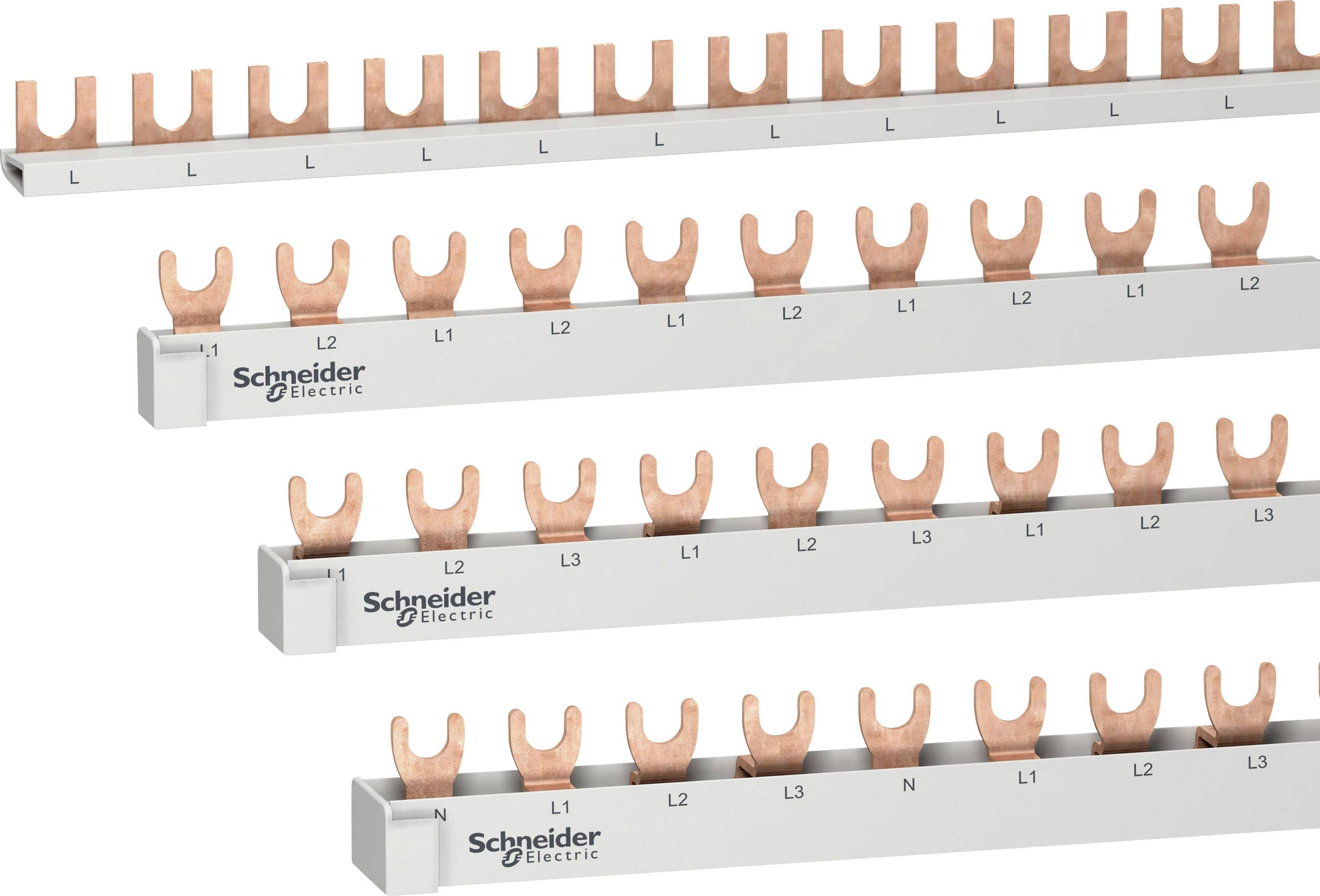 Plusieurs jeux de barres de phase de Schneider Electric avec des broches en cuivre, marqués 'L1', 'L2', 'L3', pour des distributions électriques.