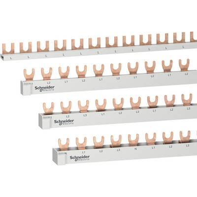 Plusieurs jeux de barres de phase de Schneider Electric avec des broches en cuivre, marqués 'L1', 'L2', 'L3', pour des distributions électriques.