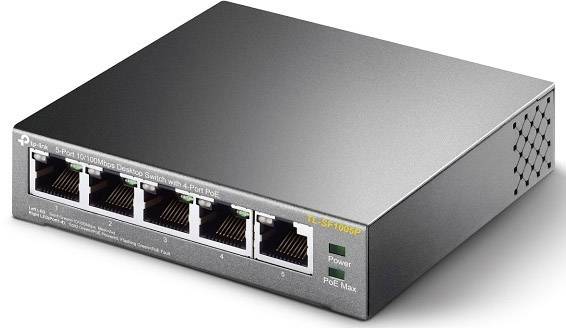 Un commutateur de bureau TP-Link à 5 ports avec 4 ports PoE, adapté aux réseaux nécessitant une alimentation PoE, dans un boîtier métallique.