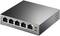 Un commutateur de bureau Gigabit à 5 ports avec 4 ports PoE. Boîtier argenté, voyants LED pour l'alimentation et PoE Max, logo de marque en haut à gauche.