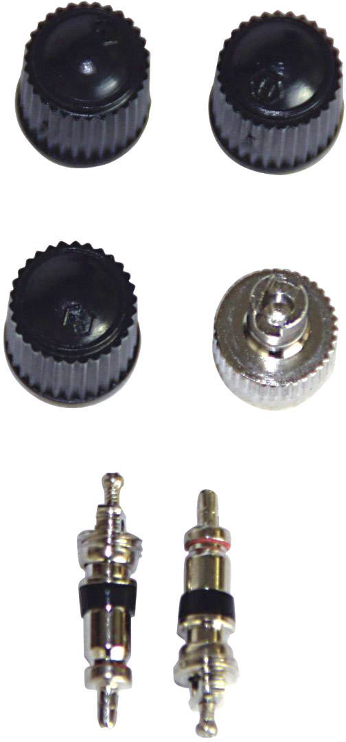 Quatre bouchons de valve de pneu noirs et deux insertions de valve métalliques sur un fond blanc.