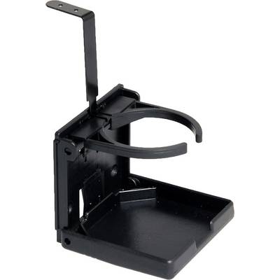 Un support de boisson noir et pliable en plastique, adapté pour être fixé sur un tableau de bord de véhicule.