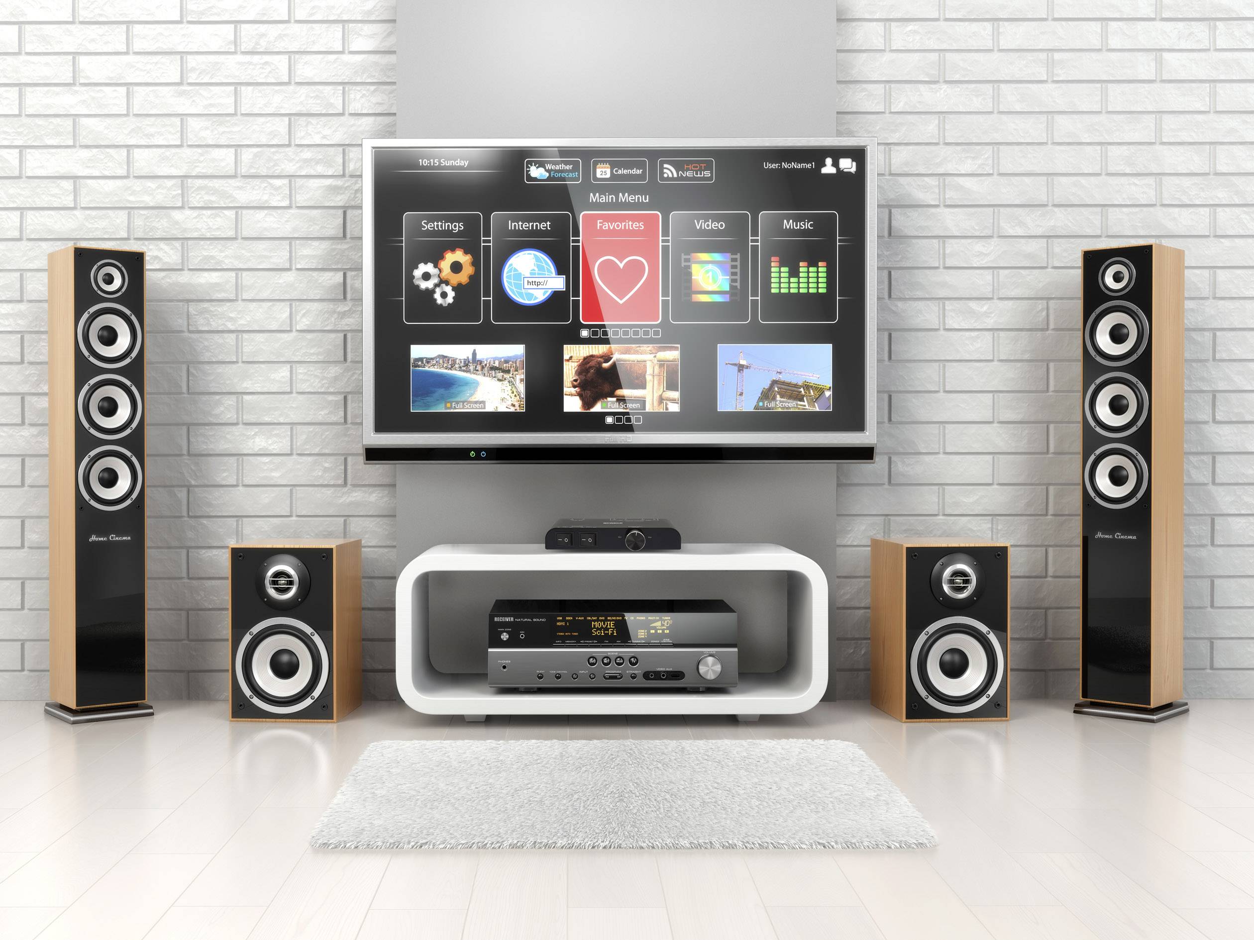 Système home cinéma avec grand téléviseur, enceintes et ampli installés sur un meuble TV blanc moderne, entouré d'un mur de briques apparentes.