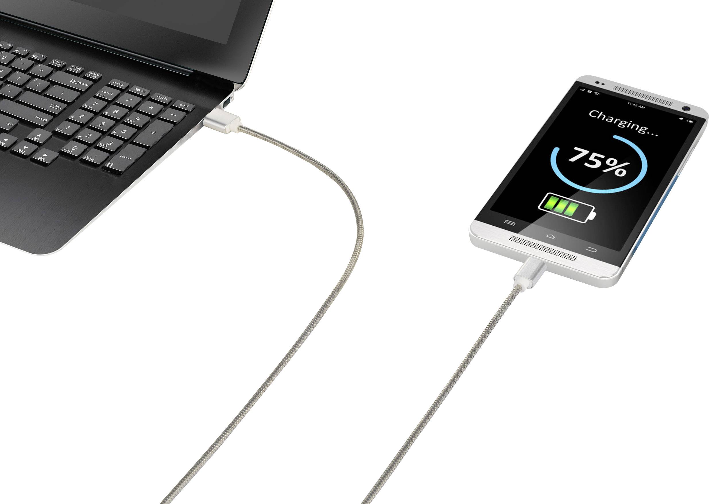 Un smartphone est en train de se charger via un câble USB connecté à un ordinateur portable. L'écran du smartphone affiche un niveau de batterie de 75%.