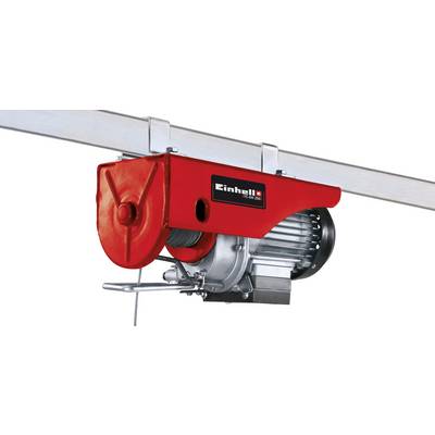 Treuil électrique en rouge avec le logo Einhell. Il est fixé à une rail métallique, prêt à soulever ou tirer des charges.