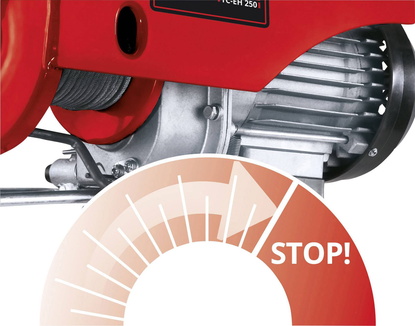 Image d'un rotor métallique avec un boîtier rouge, au-dessus un symbole d'arrêt avec une flèche blanche et 'STOP !' en écriture blanche.