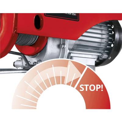 Image d'un rotor métallique avec un boîtier rouge, au-dessus un symbole d'arrêt avec une flèche blanche et 'STOP !' en écriture blanche.