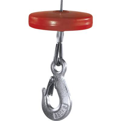 Un crochet métallique suspendu à un câble d'acier, équipé d'un couteau de sécurité rouge en son sommet. Adapté pour les opérations de levage.