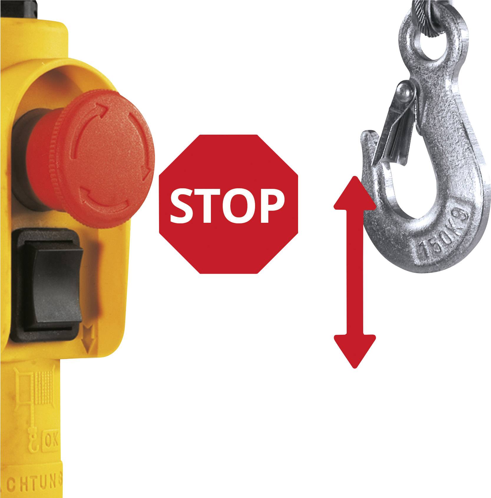 Un panneau d'arrêt rouge affichant 'STOP' est placé entre un dispositif de commande jaune avec un bouton rouge et un crochet métallique qui se déplace verticalement.