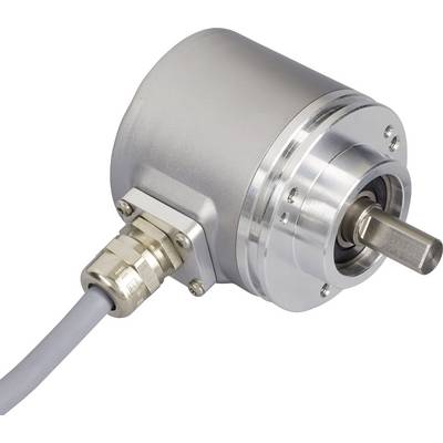 Un codeur cylindrique métallique avec câble de connexion et sortie d'arbre, souvent utilisé dans les machines pour déterminer la position.