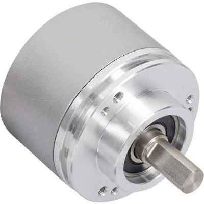 Un codeur rotatif argenté, cylindrique, avec un arbre saillant, utilisé pour mesurer précisément les positions angulaires dans les machines.