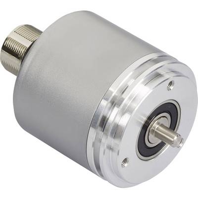 Un codeur rotatif cylindrique en argent avec connecteur et axe rotatif, utilisé dans des applications industrielles.