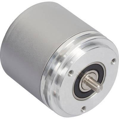 Un encodeur métallique compact de forme cylindrique avec un axe de rotation visible sur une surface blanche.