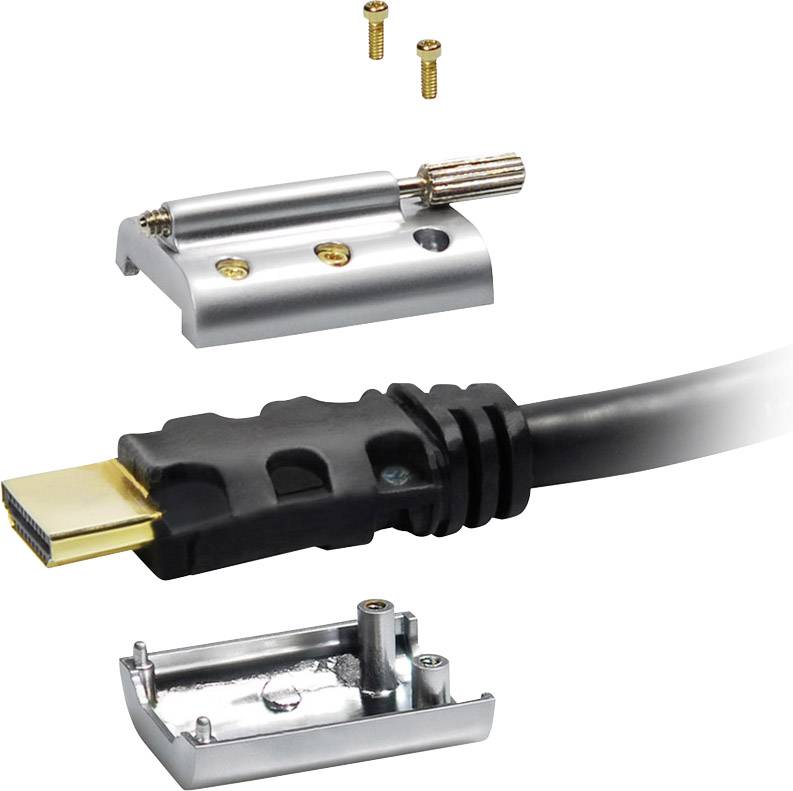 Connecteur HDMI avec boîtier métallique vissé, deux vis et un écrou de fixation en gros plan.
