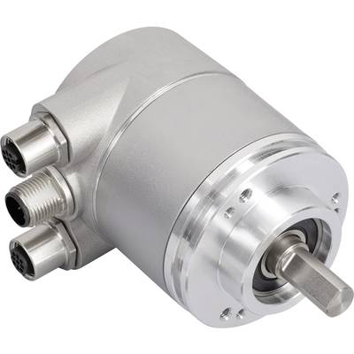 Un codeur rotatif argenté, cylindrique, doté de plusieurs connecteurs, utilisé pour mesurer la position ou l'angle dans des machines.