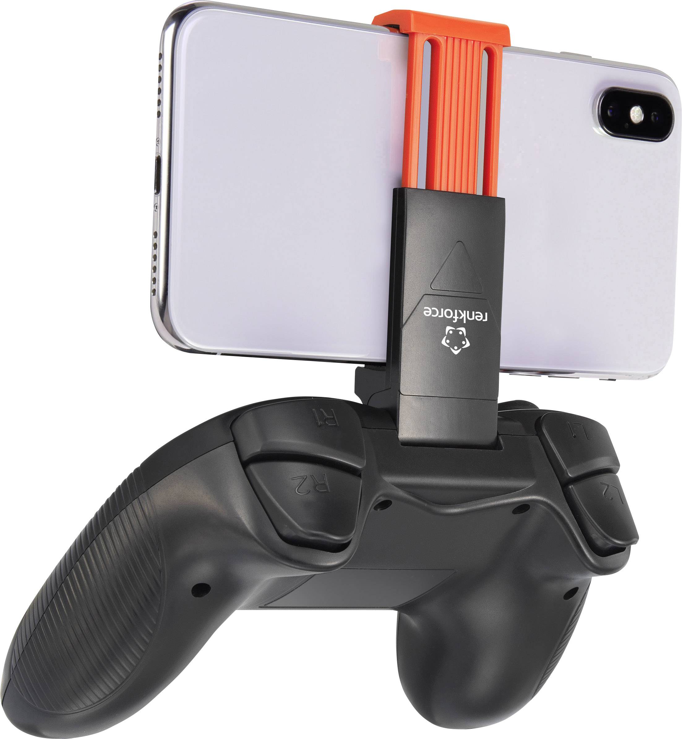 Support de smartphone fixé à une manette de jeu, permettant l'utilisation du téléphone comme écran lors du jeu.