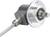 Un encodeur rotatif argenté avec câble de connexion. Le cylindre présente un boîtier métallique brillant et un axe saillant en son centre.