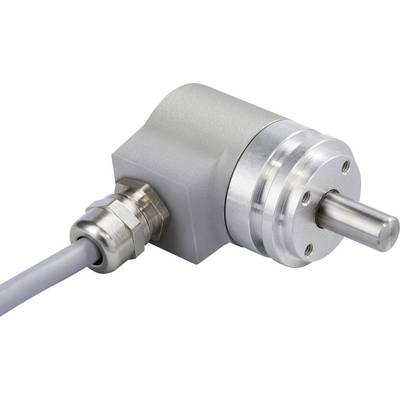 Un capteur gris cylindrique avec un arbre proéminent et un câble connecté, probablement un codeur angulaire.