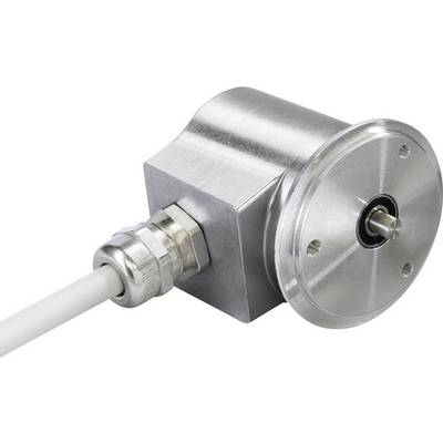Un codeur rotatif métallique avec connexion par câble, utilisé pour mesurer la vitesse de rotation ou la position dans des systèmes mécaniques.