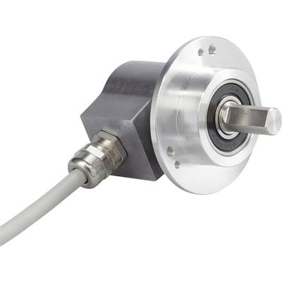 Un codeur rotatif argenté avec connexion câblée et un axe rotatif. Adapté pour mesurer les mouvements de rotation dans les machines.