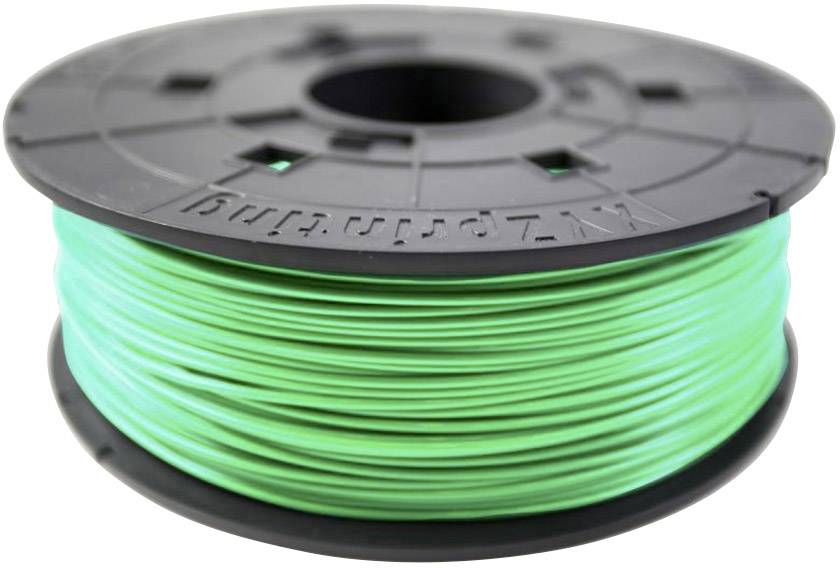 Une bobine de filament vert pour imprimante 3D. La bobine est noire et le filament est enroulé uniformément autour d'elle.