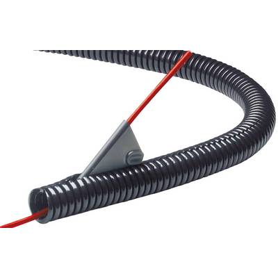 Gaine de protection de câble noire, flexible, avec un fil rouge à l'intérieur, maintenue par un clip gris.
