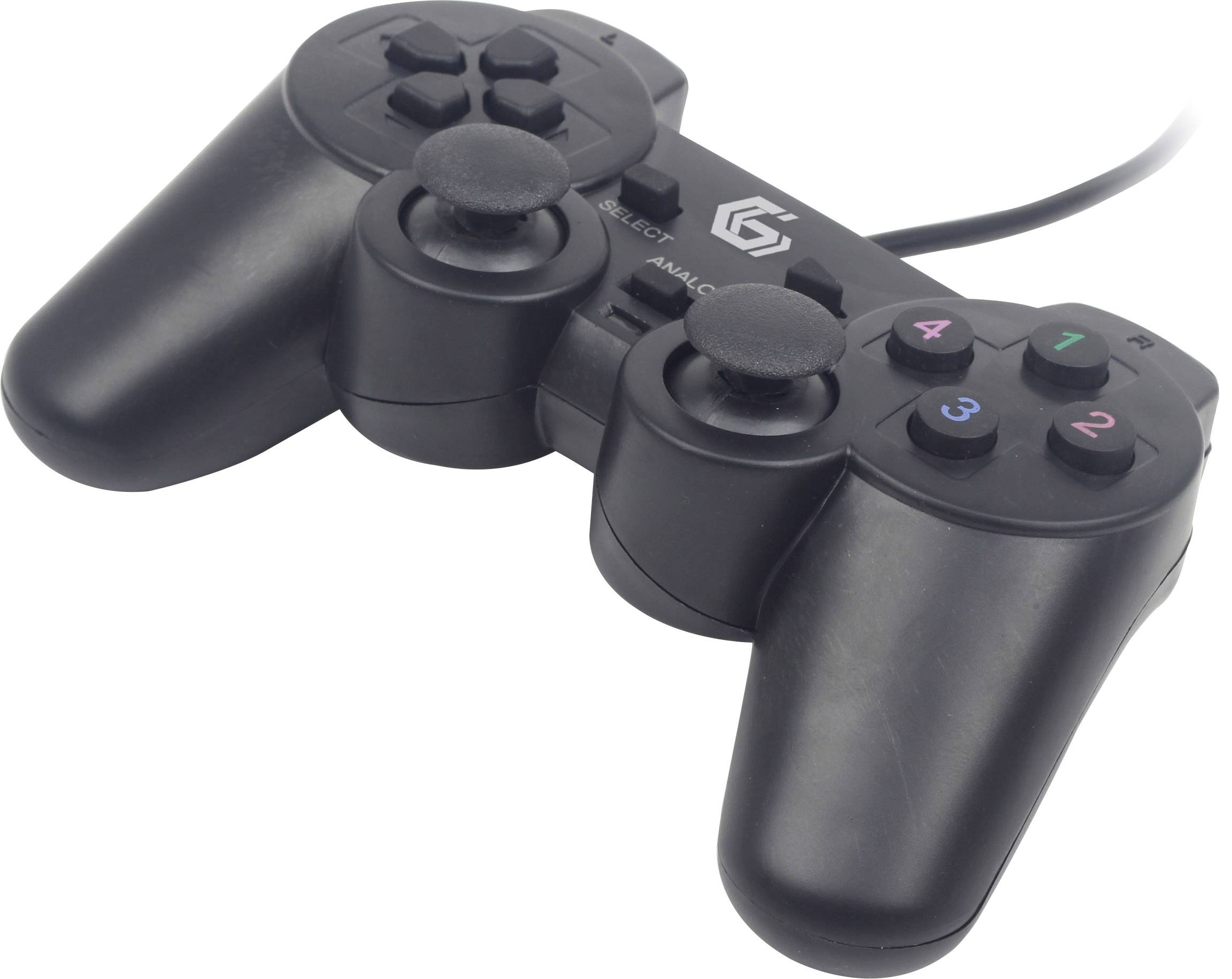 Manette filaire noire avec deux joysticks et des touches colorées sur la face avant, posée sur une table.
