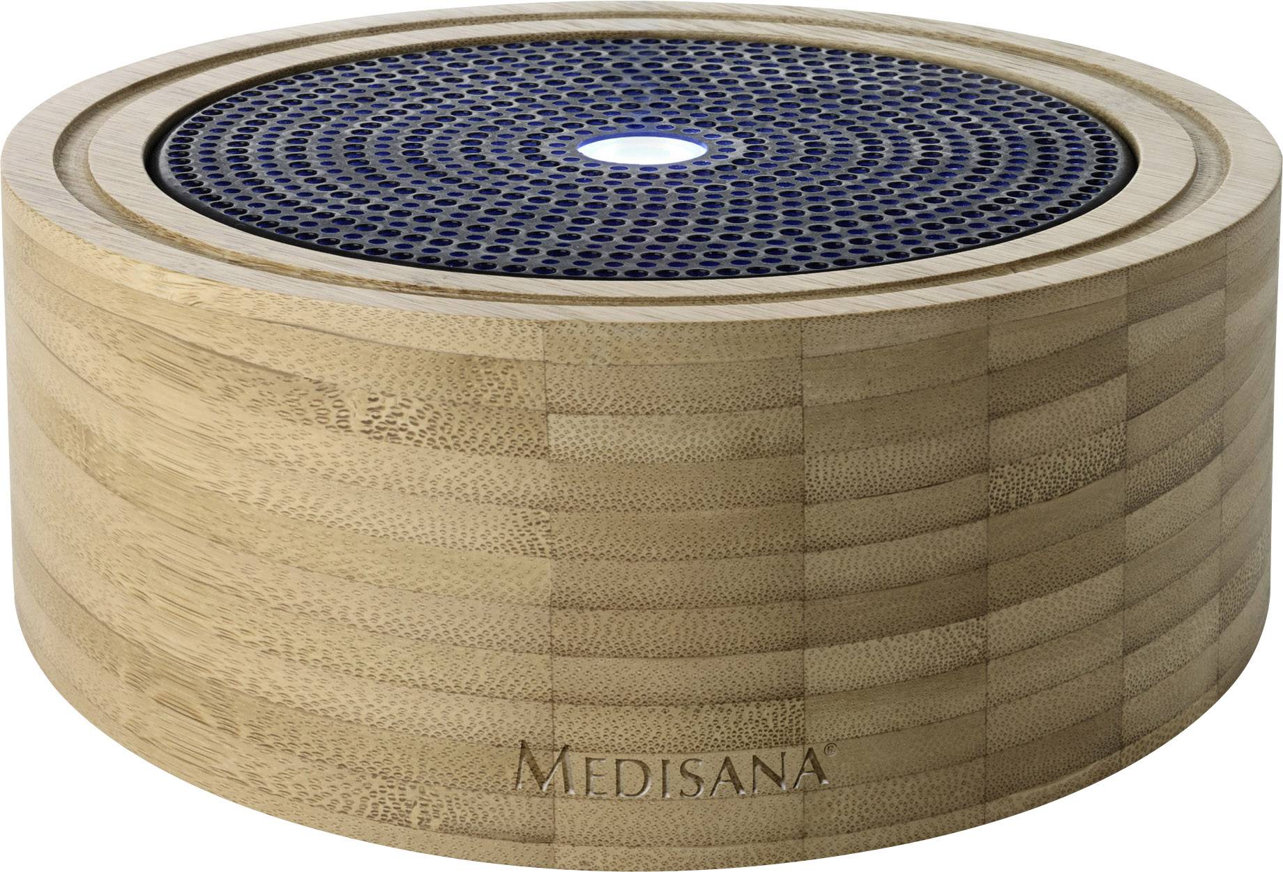 Un humidificateur rond en bois avec une entrée d'air bleue sur le dessus, avec le nom de marque 'Medisana' gravé.