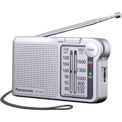 Un radio portable Panasonic avec réception FM/AM, commandes de réglage et de volume, antenne télescopique et dragonne.