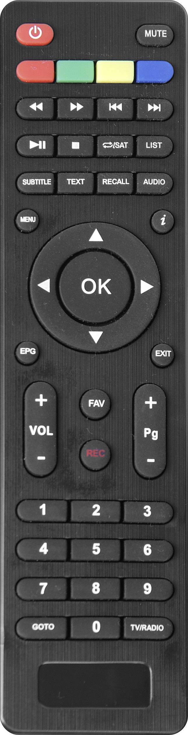 Télécommande noire avec touches de mise en marche, volume, changement de chaîne et navigation dans les menus. Touche centrale 'OK' entourée de flèches de navigation.