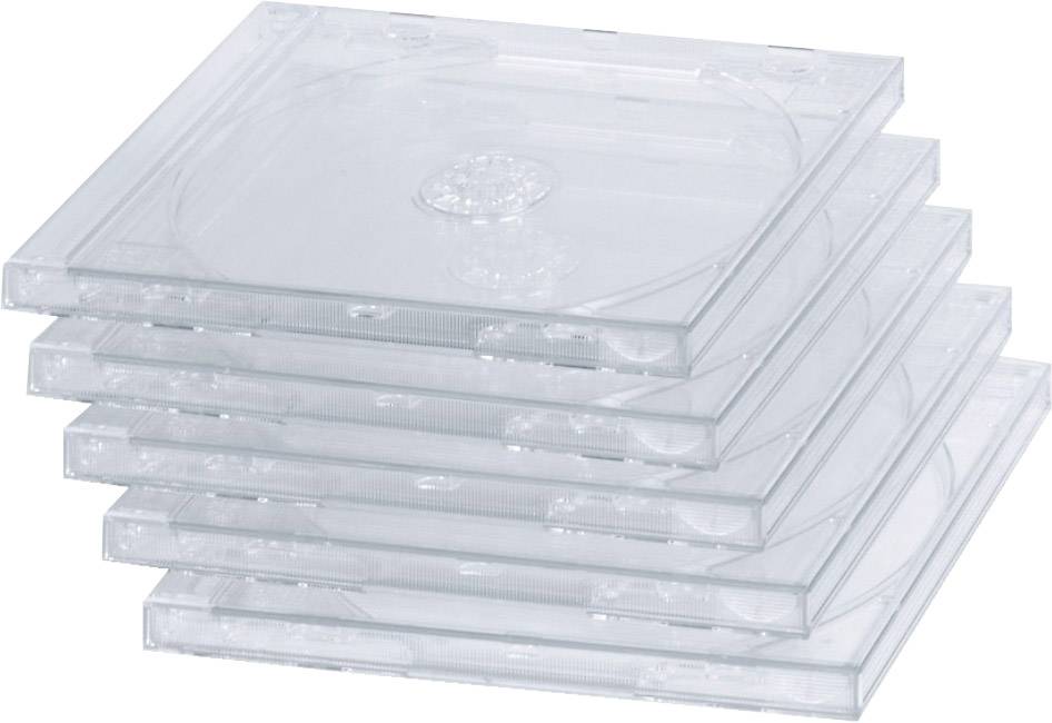 Une pile de boîtiers de CD vides en plastique transparent.