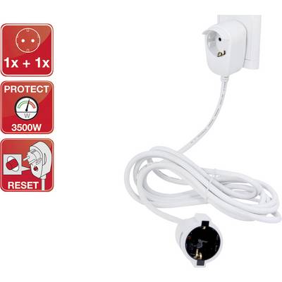 Un prolongateur blanc avec une fiche de terre et deux prises. Indication latérale avec des symboles de protection et un bouton de réinitialisation.