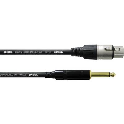 'Câble de microphone noir avec connecteurs XLR et jack de Cordial. Texte sur le câble : Cordial Germany Microphone 220,22 mm² CMM 220.'