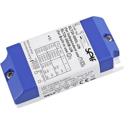 'Alimentation pour bande LED, modèle SLT20-500IL-UN, 20W, 500mA, adaptée à une utilisation indépendante, classe de protection II, certifiée CE.'