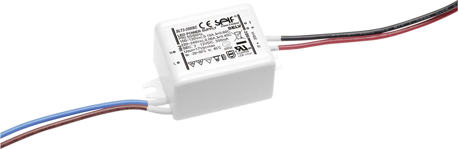 Pilote pour éclairage LED avec boîtier en plastique blanc, câbles de connexion en rouge, noir et bleu. Marquages pour tension et courant.