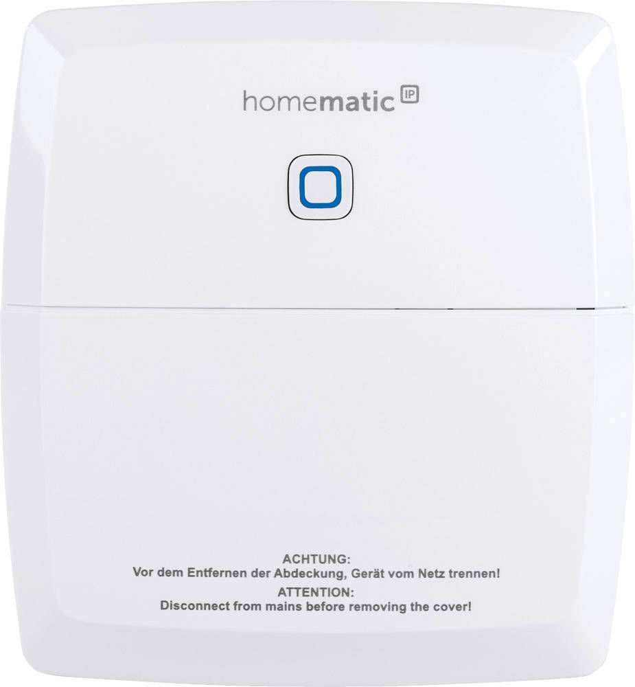 Appareil blanc portant l'inscription 'homematic IP', avec un bouton bleu et un avertissement : 'Débrancher du secteur avant de retirer le couvercle'.