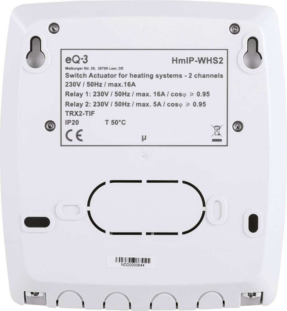 Verso d'un dispositif actionneur de chauffage, modèle HmIP-WHS2. Détails : 230V / 50Hz, max. 16A, indice de protection IP20, température de fonctionnement - T 50°C.