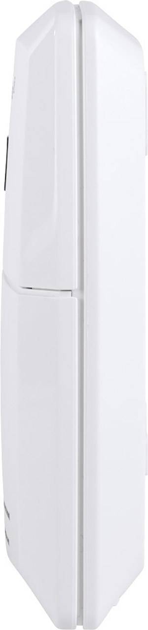 Un appareil électronique blanc et fin, vu de profil.