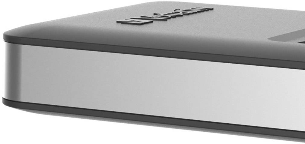 Disque dur externe avec boîtier argenté et coins arrondis.