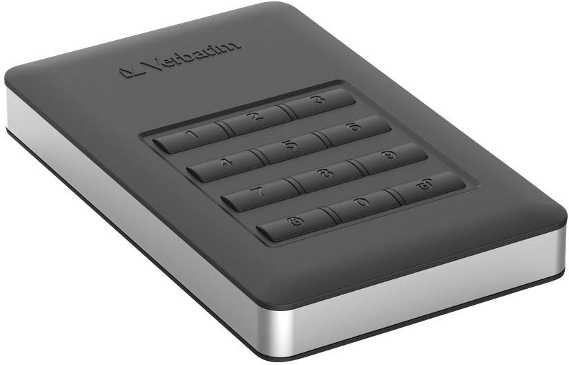 Un disque dur externe avec un pavé numérique pour la saisie d'un code de sécurité ; marque 'Verbatim'.