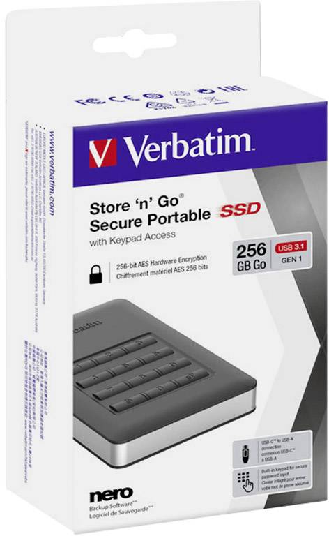 Emballage d'un SSD portable sécurisé Verbatim Store 'n' Go avec pavé numérique. Stockage de 256 Go, connexion USB 3.1. Chiffrement : AES 256 bits.
